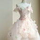 NiceVestidos - Style féerique floral : Robe de mariée rose et blanche en tulle clouté à fleurs 3D, épaules dénudées, longueur au sol, NV5815