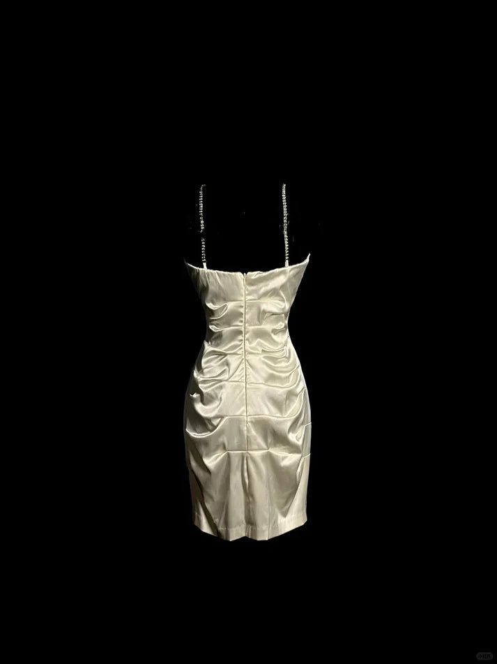 Weißes glänzendes, modisches, kurzes Satin-Kleid mit Hosenträgern, für den Heimkehr, Geburtstagsparty, Kleid nv4288