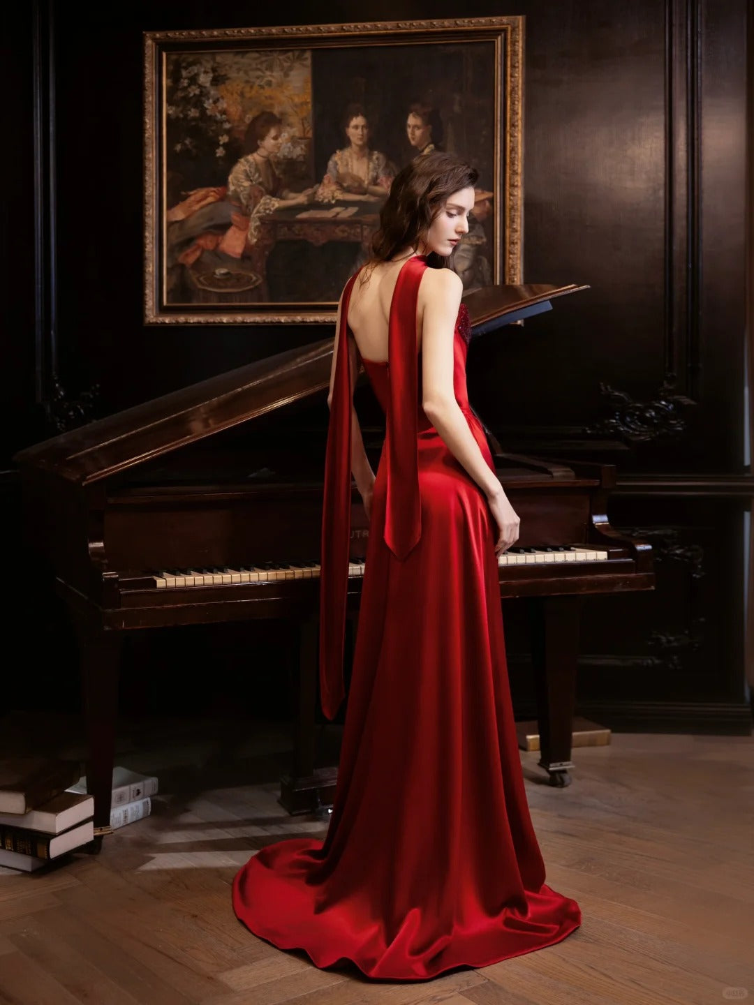 Rotes Ballkleid, glänzend, elegant, Satin, langes Abendkleid, Abschlusskleid, NV4226