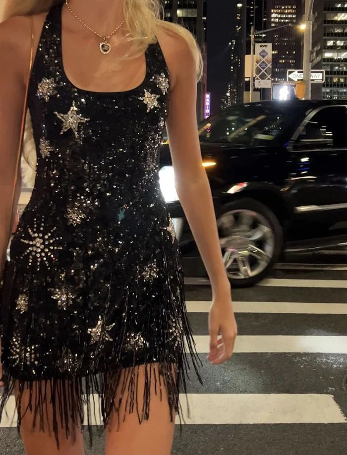 Schwarzes, glänzendes Pailletten-Kurzkleid für Heimkehr, Geburtstags- und Cocktailpartykleid, NV4659