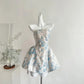 Robe de soirée courte en satin blanc et bleu à fleurs, tenue de fête d'anniversaire, NV5261