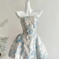 Robe de soirée courte en satin blanc et bleu à fleurs, tenue de fête d'anniversaire, NV5261