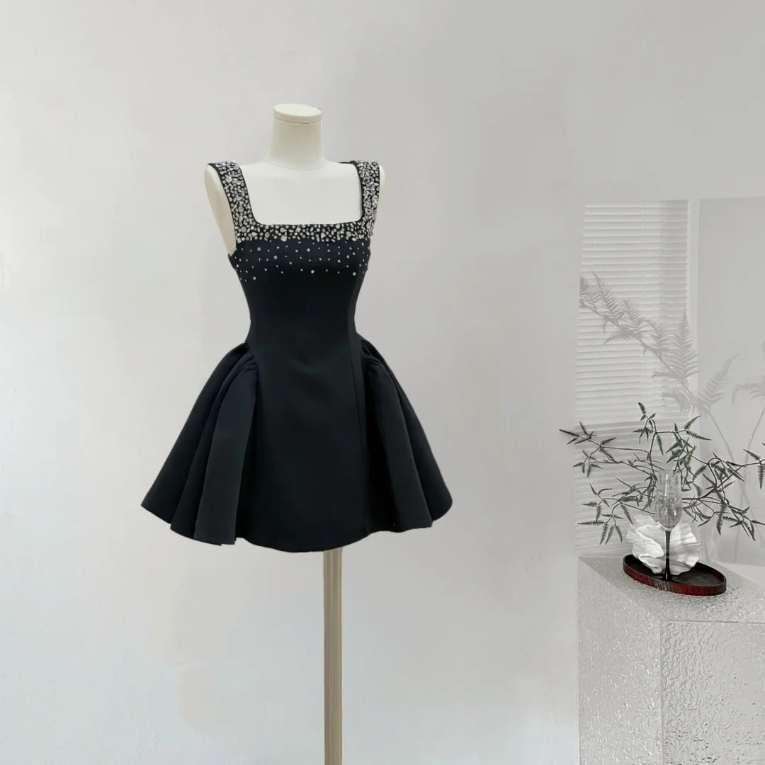 Robe de soirée courte en satin noir et blanc à perles, tenue de fête d'anniversaire nv5262