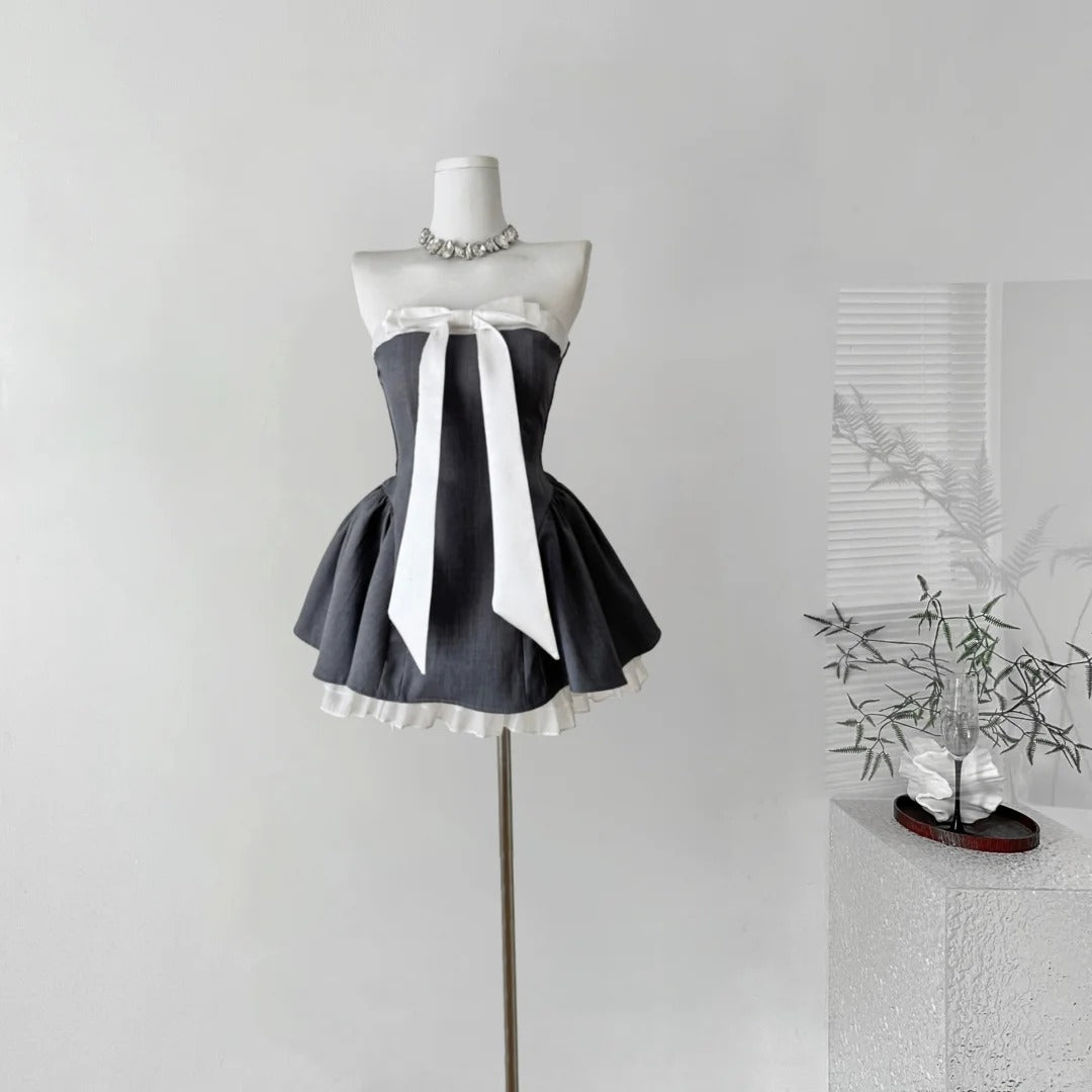 Schwarzes, kurzes Satin-Heimkehrkleid mit Schleife, Geburtstagspartykleid, nv5263