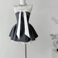 Schwarzes, kurzes Satin-Heimkehrkleid mit Schleife, Geburtstagspartykleid, nv5263