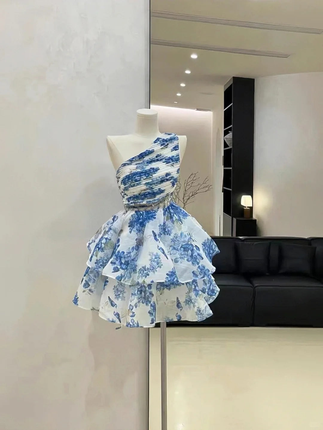 Robe de soirée courte en mousseline de soie bleue, tenue de princesse pour fête d'anniversaire, nv4362