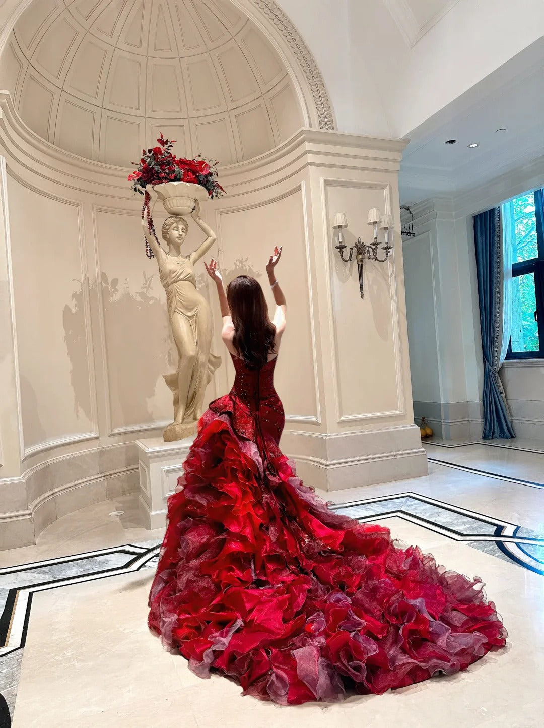 Robe de bal longue en mousseline rouge luxueuse et somptueuse, robe de princesse NV6727