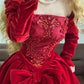 Wunderschönes, elegantes, langes Prinzessinnen-Ballkleid im Retro-Stil aus rotem Samt mit Perlen, NV5011