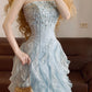 Blaues, langes Ballkleid mit Perlenspitze und Tüll im Prinzessinnen-Stil, NV5044