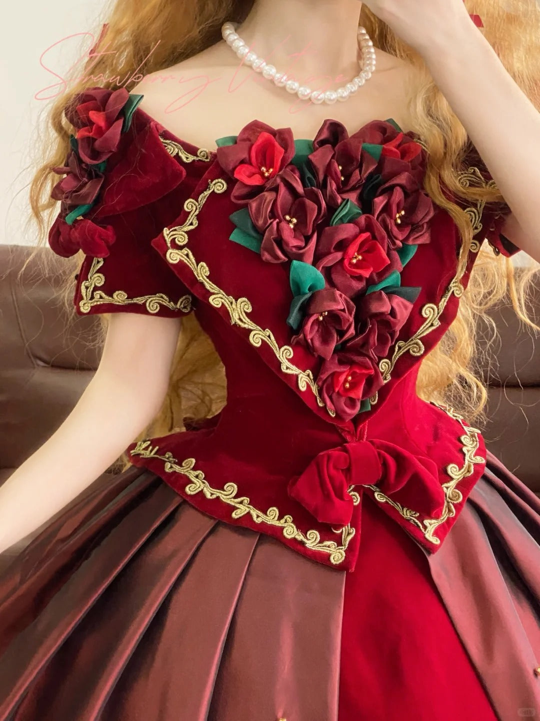 Robe de bal princesse longue en satin bordeaux, élégante, vintage, motif floral, nv5006
