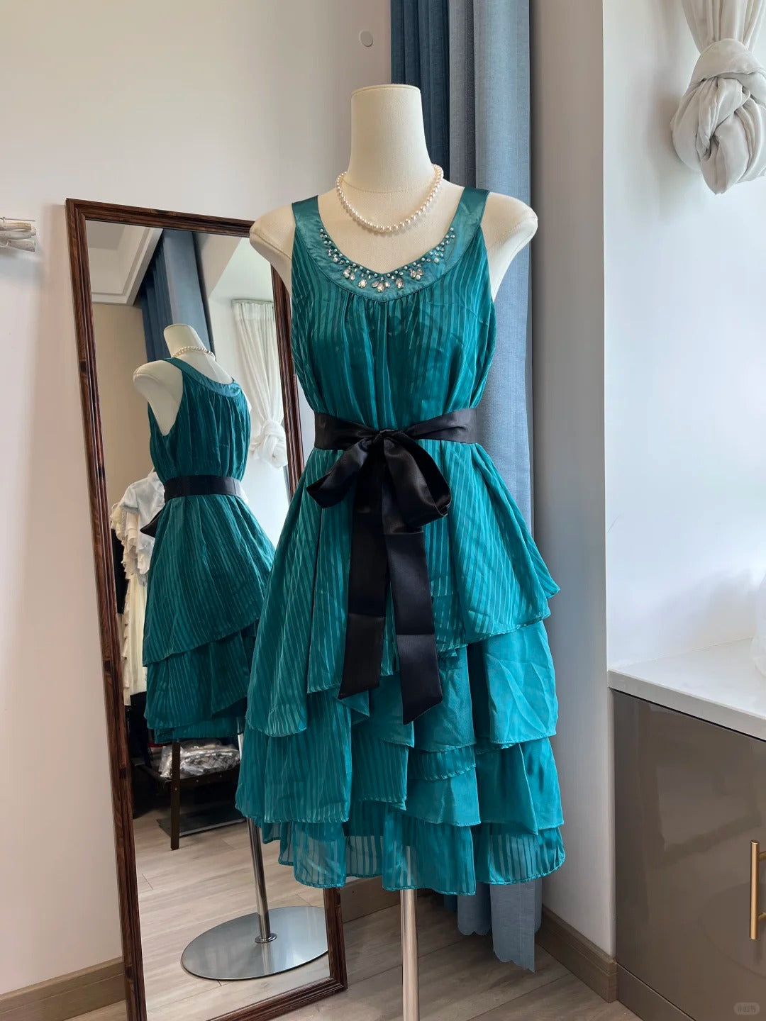Robe de soirée vintage bleu paon, courte, à volants, en mousseline de soie, tenue de fête d'anniversaire, NV5102