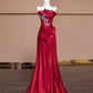 Rotes, perlenbesetztes, langes, bodenlanges Ballkleid aus Satin, nv5050