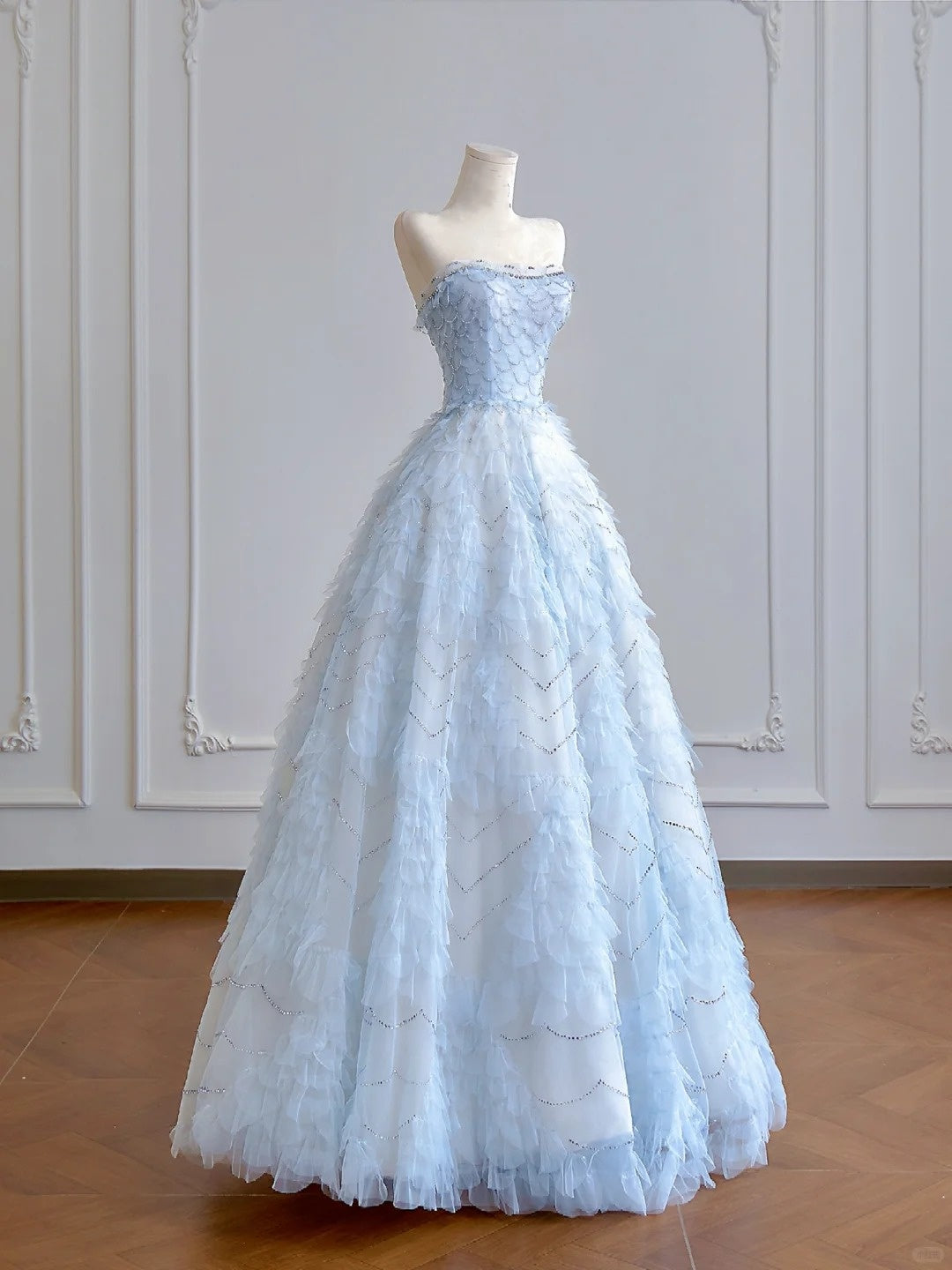 Robe de soirée longue en tulle et organza pailleté bleu clair brillant, longueur au sol, robe de bal, robe de remise de diplôme, nv5103