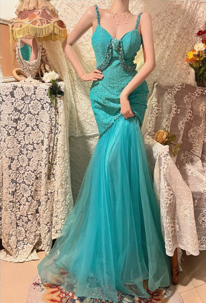 Blue Beaded Beautiful Mermaid Long Lace Tulle Ball Gown Evening Gown Party Dress nv4324
