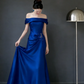 Deep Sea Blue Off-Shoulder Gown - Cowl Neck Beaded Knot Train Evening/Red Carpet/Theme Ball Maxi Dress NV6824