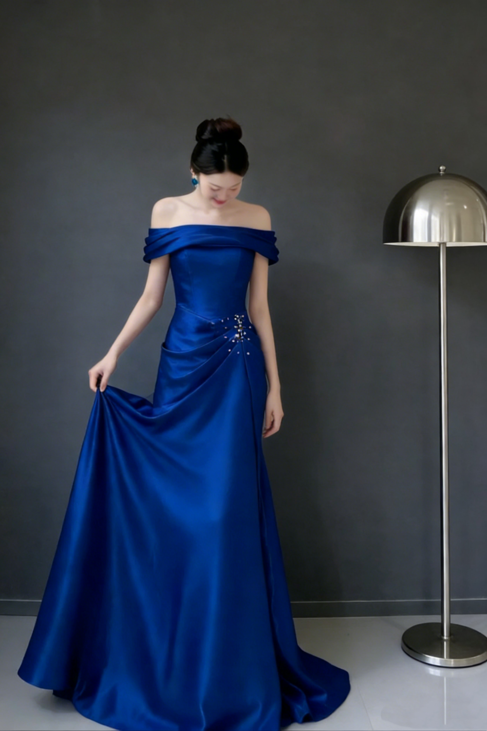 Deep Sea Blue Off-Shoulder Gown - Cowl Neck Beaded Knot Train Evening/Red Carpet/Theme Ball Maxi Dress NV6824
