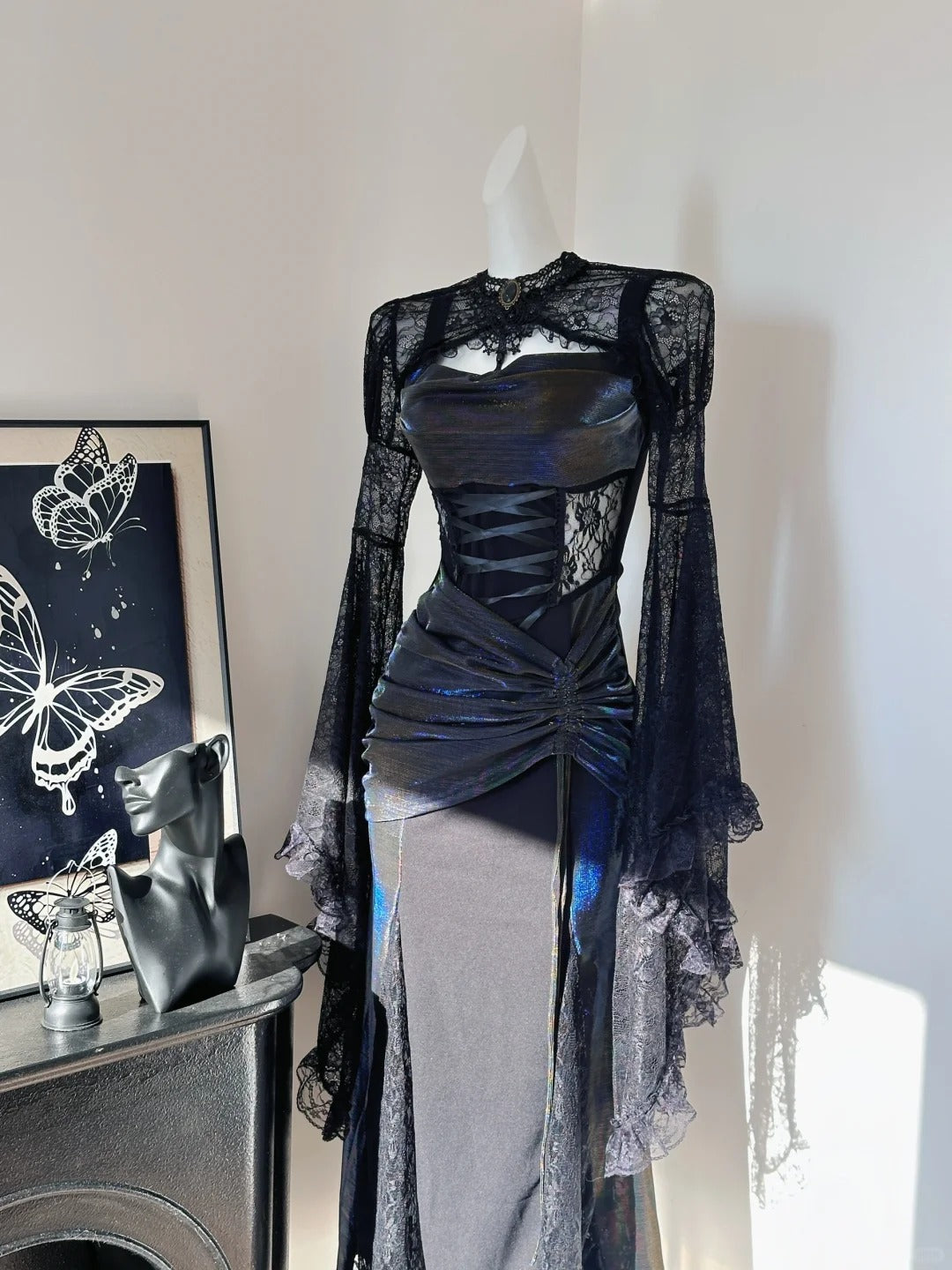 Robe de soirée longue en satin noir, élégante et délicate, en dentelle, style vintage, pour fête d'anniversaire, bal, nv4047