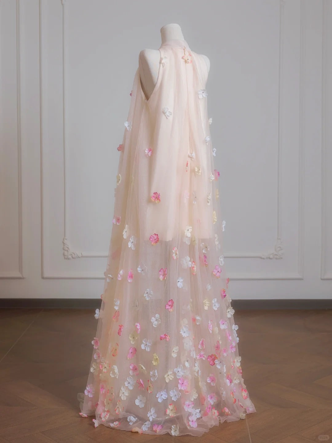 Rosa Blumen Elegantes Langes Tüll Ballkleid Abendkleid Partykleid nv4955