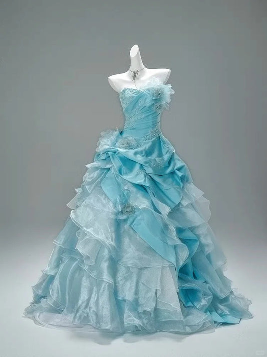 Blaues stilvolles elegantes langes Tüll-Ballkleid-Abendkleid nv4776