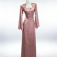 Satin Crystal Flared Sleeve Maxi Dress - Square Neck Slim Elegant Gown  NV6796
