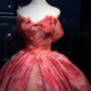 Off Shoulder Orange Red Floral Print Tulle Prom Dress Sweetheart Ruched Layered Ball Gown  NV6990