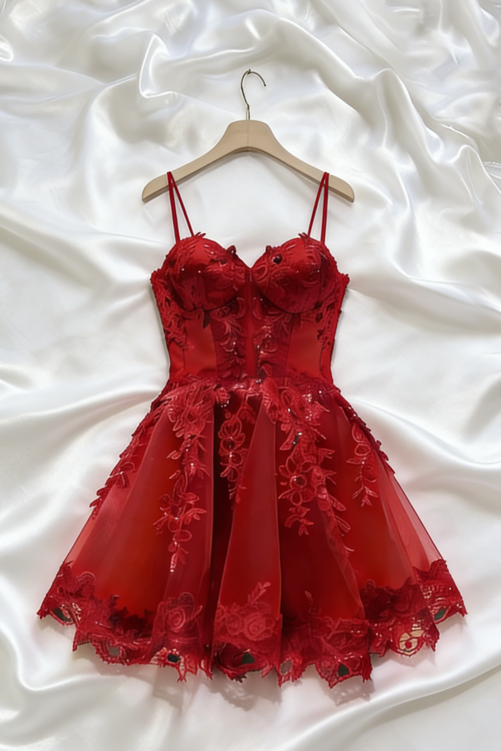 Robe courte en tulle à fines bretelles et application de dentelle rouge, idéale pour la rentrée scolaire ou une fête d'anniversaire (Nv4932)