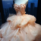 Strapless Peach Sweetheart Ball Gown Hand Beaded 3D Flower Layered Tulle Prom Dress  NV7041