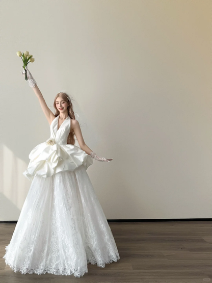 White Halter A Line Wedding Gown Deep V Satin 3D Flower Ruffle Lace Bridal Dress  NV7148