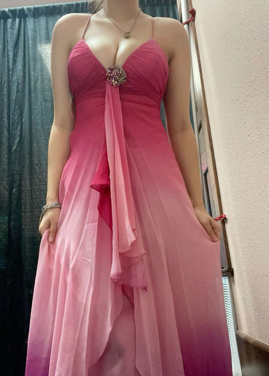 Pink Sweet Exquisite Gem Spaghetti Strap Long Chiffon Homecoming Dress Birthday Party Dress Prom Dress Evening Dress nv3910