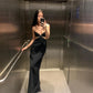 Black sexy elegant long spaghetti strap satin ball gown evening dress birthday holiday party dress nv3110