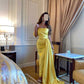 Yellow simple short sleeve satin long ball gown evening dress floor length dress nv2737