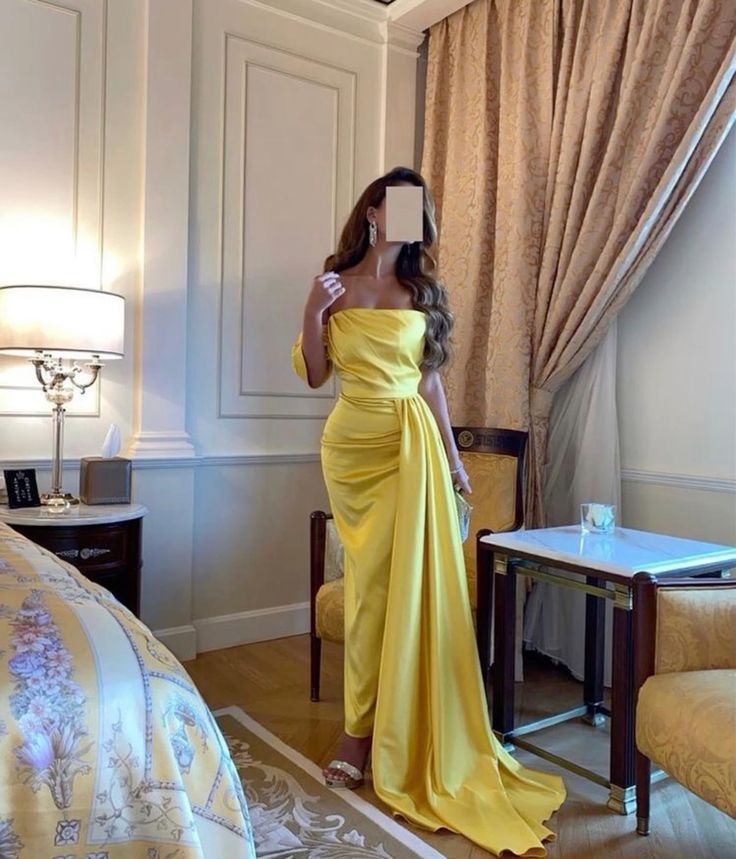 Yellow simple short sleeve satin long ball gown evening dress floor length dress nv2737