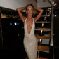 Champagnerfarbenes, tief ausgeschnittenes V-Ausschnitt-Schwinghals-Abendkleid mit Pailletten, langes Ballkleid, Partykleid, nv2114
