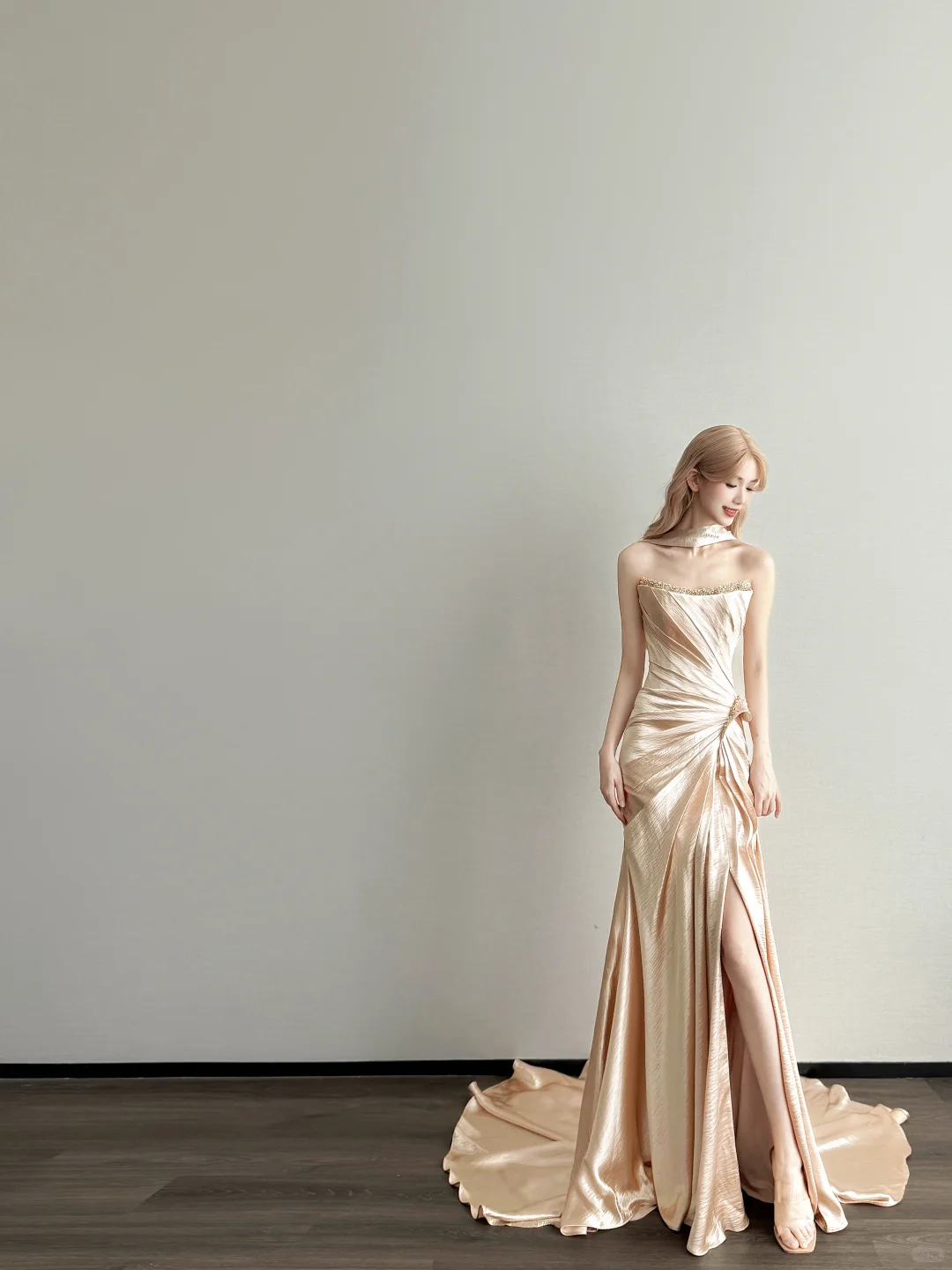 Champagne Gold Satin Mermaid Prom Gown Strapless Ruched Sweep Train  NV7166