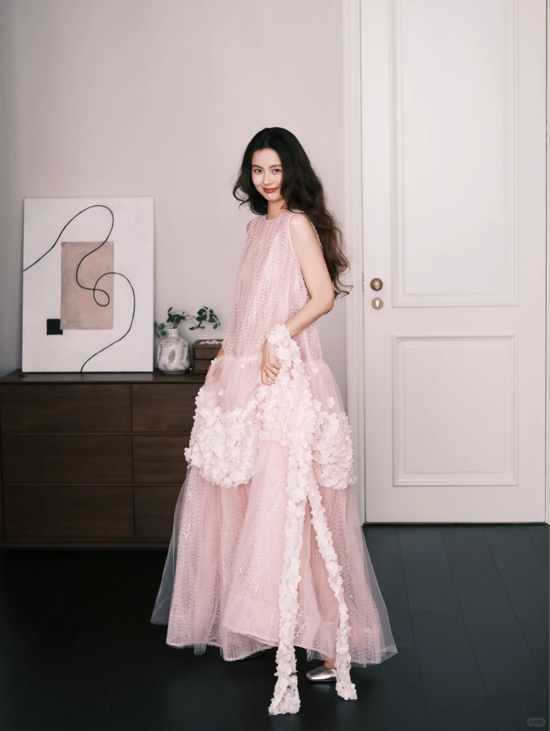 Blush Pink 3D Flower Tulle Prom Dress, Sleeveless Tiered Sparkly Formal Gown  NV7279