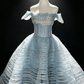 Off Shoulder Ice Blue Tulle Prom Dress Corset Bodice Striped Rhinestone Structured Princess Ball Gown  NV6993