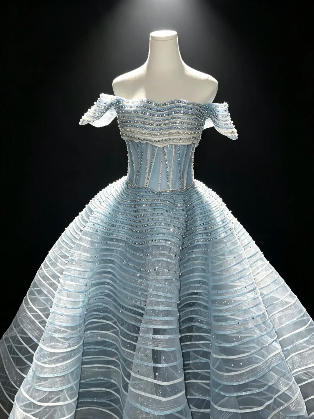 Off Shoulder Ice Blue Tulle Prom Dress Corset Bodice Striped Rhinestone Structured Princess Ball Gown  NV6993