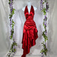 Robe de soirée longue rouge en satin à volants, sans bretelles, à la mode, nv3608