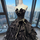 Strapless Black Gothic Ball Gown Rhinestone Beaded Bow Gradient Ruffle Tulle Prom Dress  NV7032