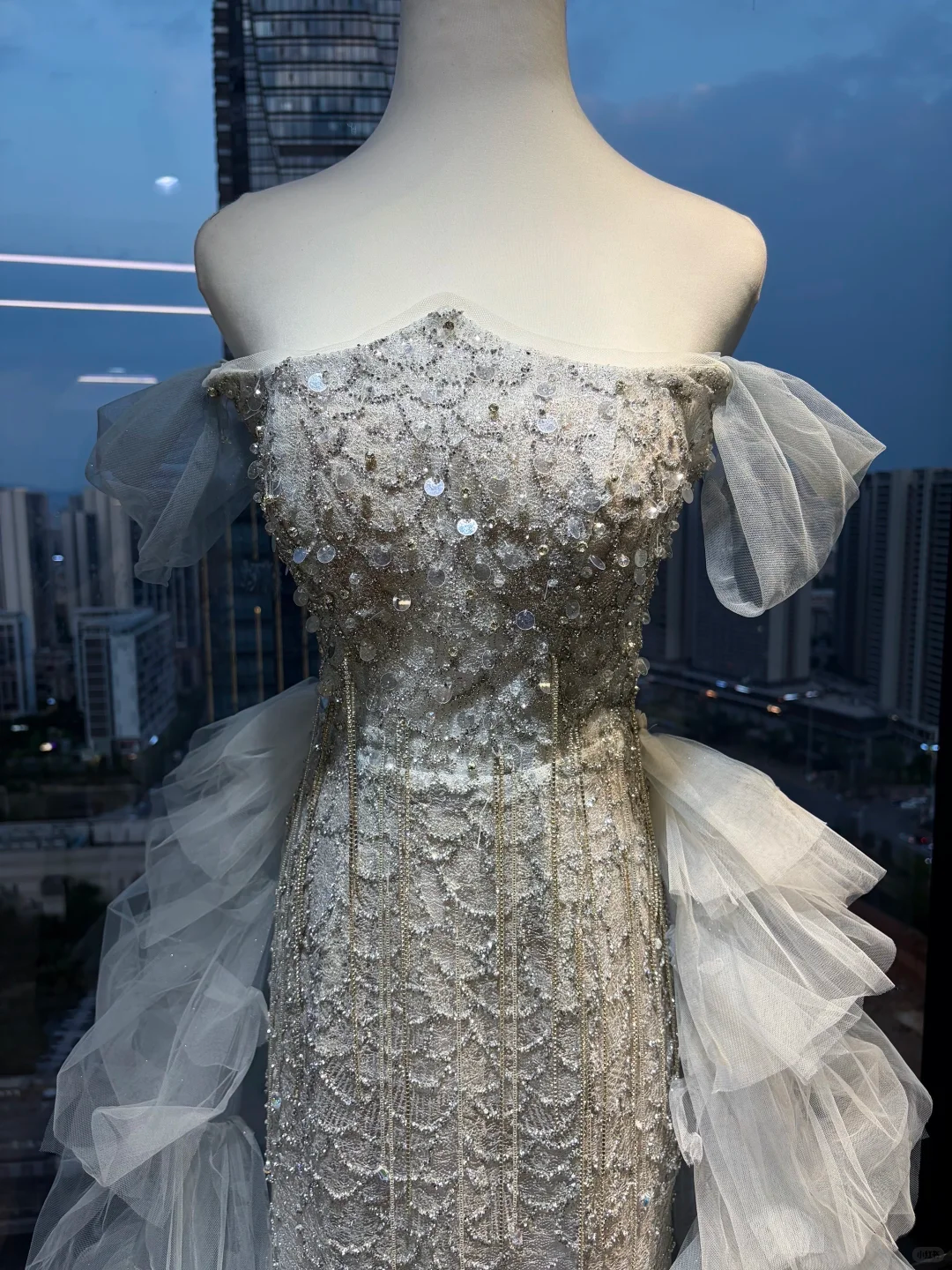 Silver White Off Shoulder Mermaid Formal Gown Beaded Sequin Side Ruffle Tulle Long Train Evening Dress  NV6971