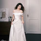 Off Shoulder Draped Satin Lace Mermaid Bridal Dress with Long Train  NV7377