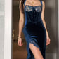 Blue Sexy Elegant Slit Velvet Lace Long Ball Gown Evening Dress nv2658