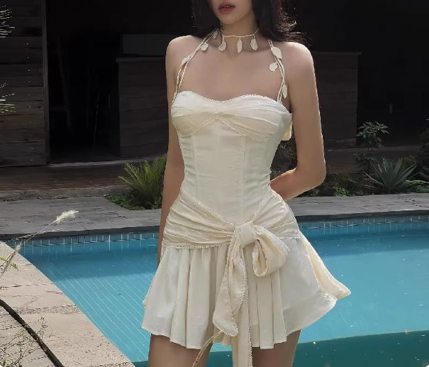 Robe de soirée courte en mousseline de soie, élégante et sans bretelles, blanche, nv4852