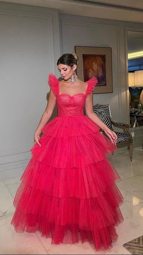 Pink A-line Long Ball Gown Fashion Dress Princess Layered Tulle Sleeveless Evening Gown Formal Dress Party Dress nv2564