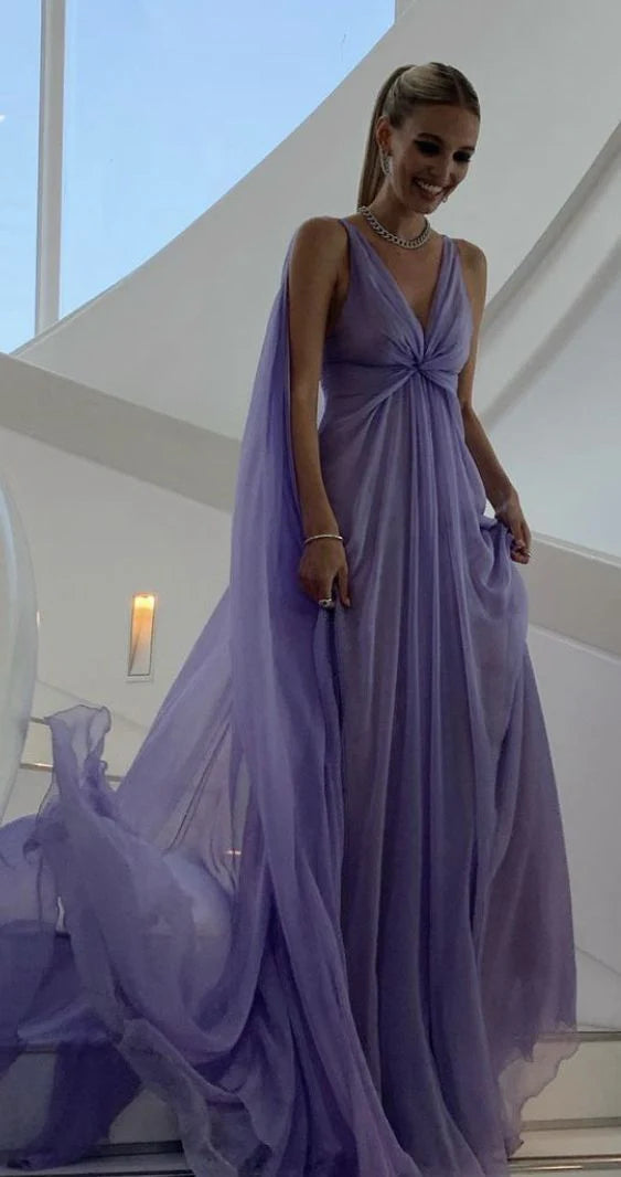 Lilac V-neck simple elegant chiffon long prom dress party dress evening gown nv2330