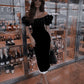 Black Off Shoulder Fashion Sexy Elegant Slim Fit Long Prom Gown Evening Dress Party Dress with Rhinestones nv2435