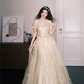 Off-the-Shoulder Champagne Sequin Tulle Prom Dress, 3D Flower Princess Ball Gown  NV7309