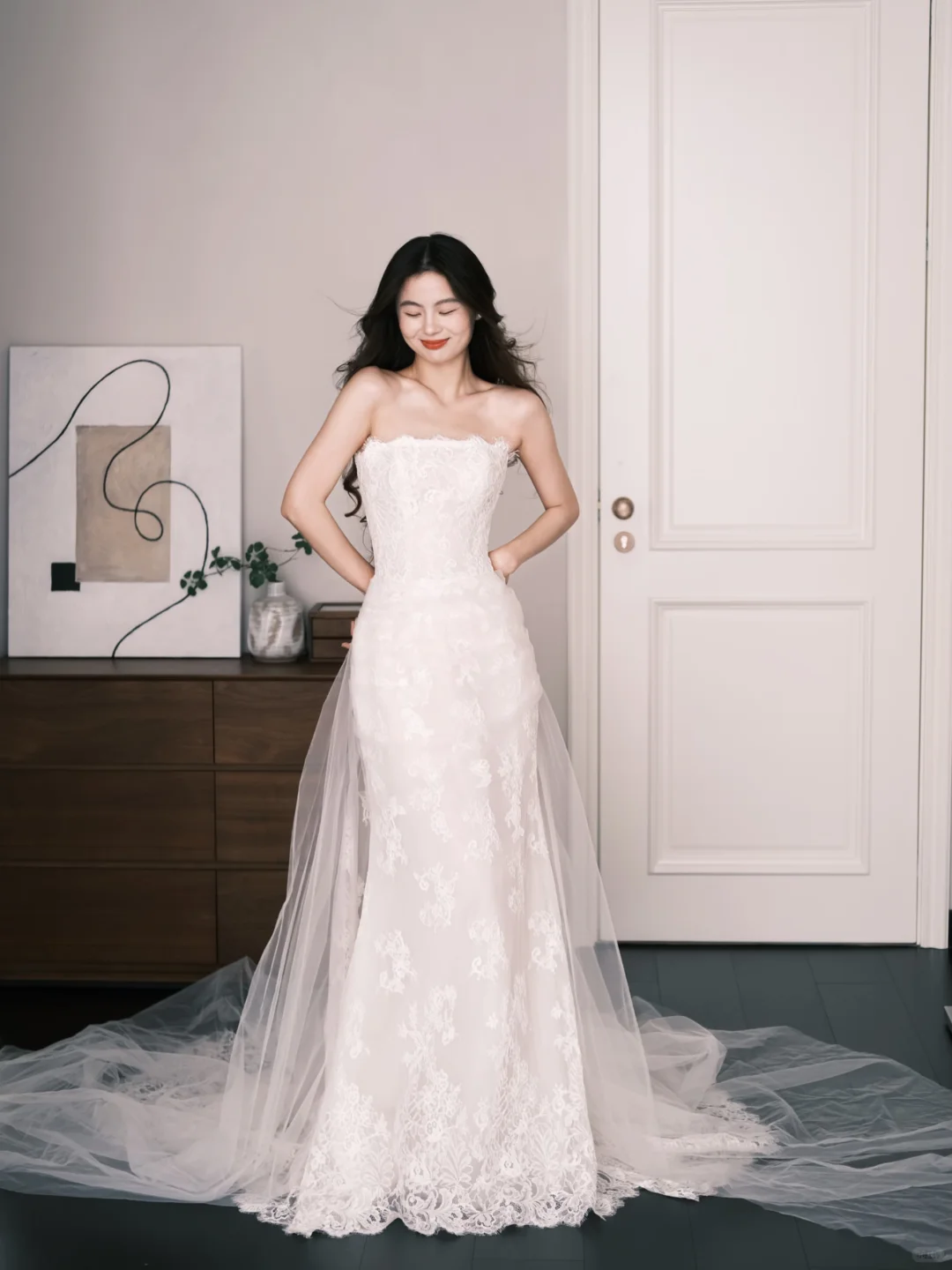 Strapless Lace Mermaid Wedding Dress Sheer Overskirt Bridal Gown  NV7219