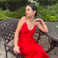 Robe de soirée longue rouge élégante à bretelles spaghetti en mousseline de soie à volants, tenue de bal, de vacances, d'anniversaire, de bal, nv3955