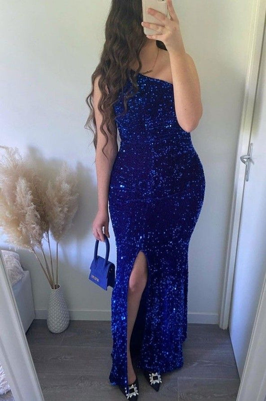 Blue shiny sequin one shoulder long slit ball gown evening dress party dress nv3191